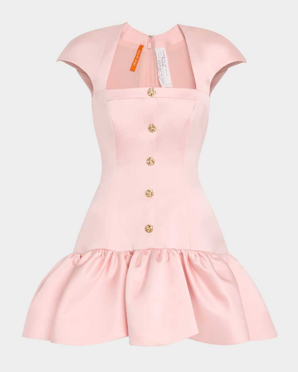 Square-Neck Cap-Sleeve Volant Ruffle Mini Dress